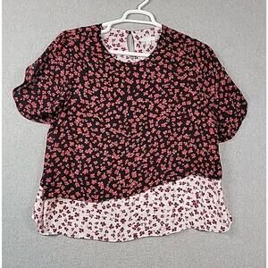 16th & Union Black White Ditsy Floral SS Layered Open Back Blouse Women Plus 1X